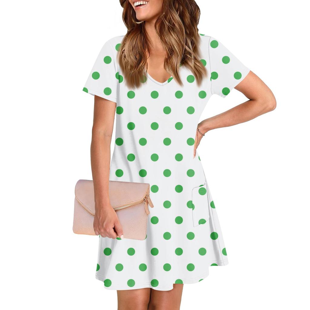 Женское повседневное и модное платье средней длины с V-образным вырезом и коротким рукавом с принтом