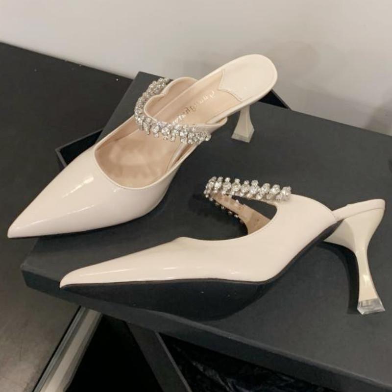 Fashion Luxury Rhinestone Pointed Toe High Heel Shoes for Woman Summer Patent Leather Thin Heels Mule Shoes Fashion Elegant Dress Shoes