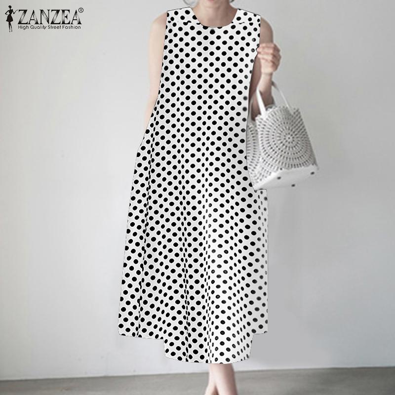 ZANZEA Женское повседневное платье без рукавов с круглым вырезом и принтом в горошек