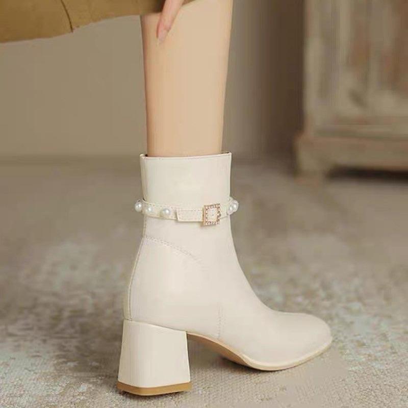 Fashion Boots for Ladies Non-Slip Outdoors Solid Color 2024 New Autumn Winter Women's Ankle Boots Leather Pearl Decoration Boots