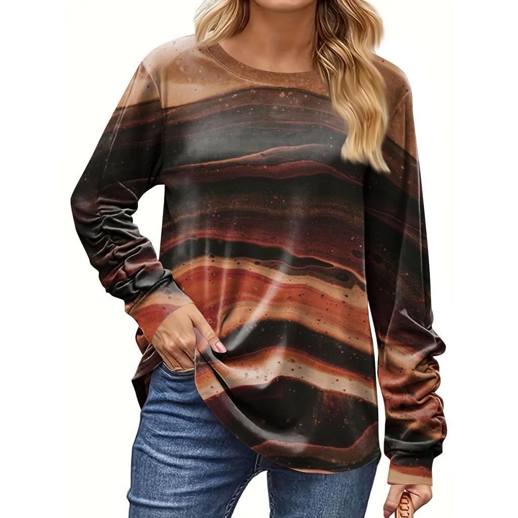 Women's Fashion Casual Long Sleeve Print Round Neck Pullover Top Blouse