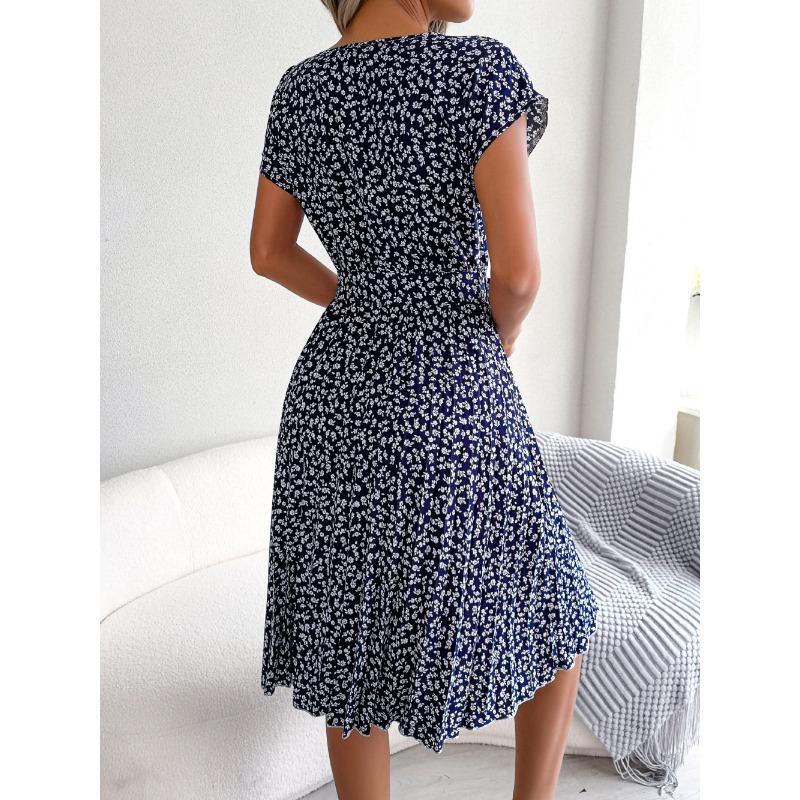 Ins Style Spring and Summer New Casual Short-sleeved Floral Large Swing Pleated Skirt European and American Women's Clothing