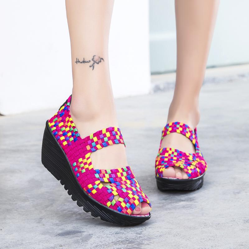 Women's Woven Sandals Summer Sloping Puffy Cake Thick Sole Cloth Fish Mouth Sports Sandals