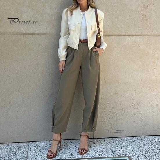 Женские костюмные брюки с высокой талией и пуговицами на молнии, однотонные брюки свободного покроя с карманами, длинные брюки в повседневном стиле