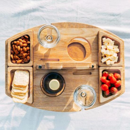 Wooden Picnic Table Portable Food Tray with Wine Glass Holder Mini Snack Tray for Outdoor Events Beach Camping Removable Portable Wine Table