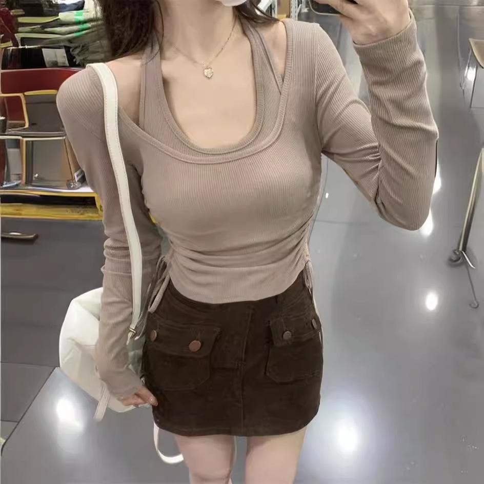 Футболка с длинным рукавом и вырезом-халтер в корейском стиле для женщин — шикарная, стильная и подчеркивающая фигуру