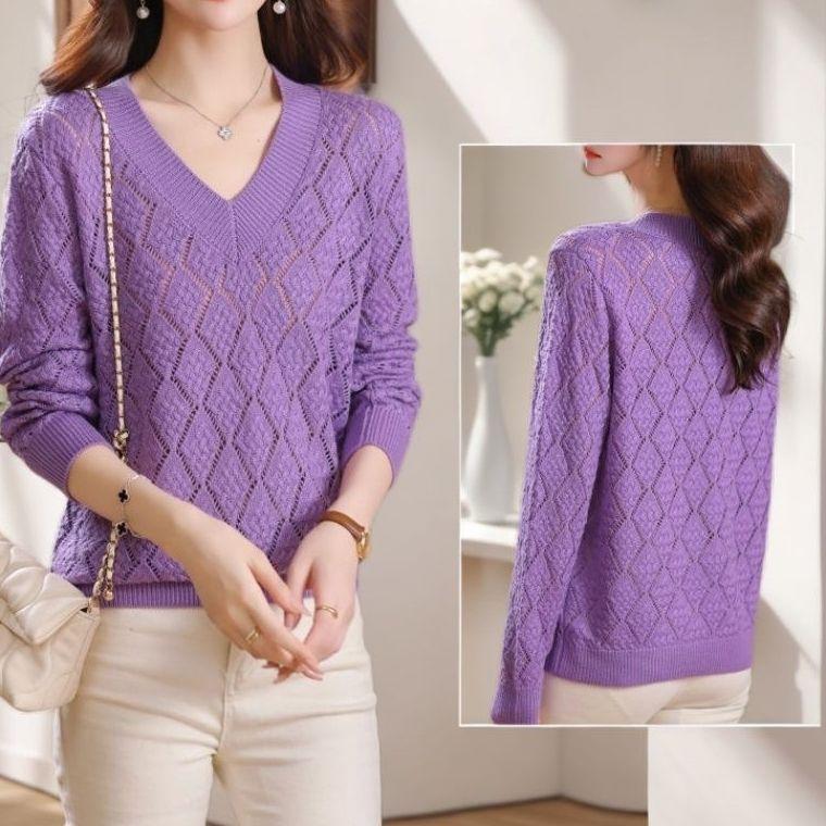 Женский пуловер допаминового цвета размера плюс с V-образным вырезом, свободный, открывающий ключицы, высококачественный вязаный топ с ажурной вязкой для осени и лета