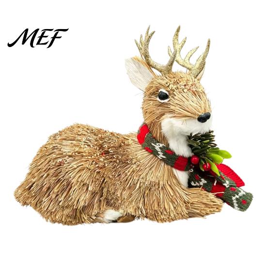 Natural Straw Craft for Holiday Handmade Deer/Squirrel Christmas Ornaments with Scarf, Retro Pastoral Style Stable Rustic Animal Figurines Table