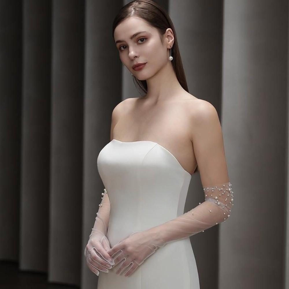 Длинные свадебные перчатки Тюлевые перчатки с жемчугом Винтажные женские свадебные перчатки Вечеринка