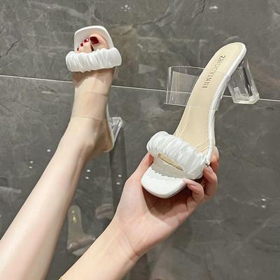 Шлепанцы интернет-знаменитости женские 2025 лето новые универсальные кристально прозрачные на толстом каблуке в стиле феи на высоком каблуке крутые шлепанцы ins тренд