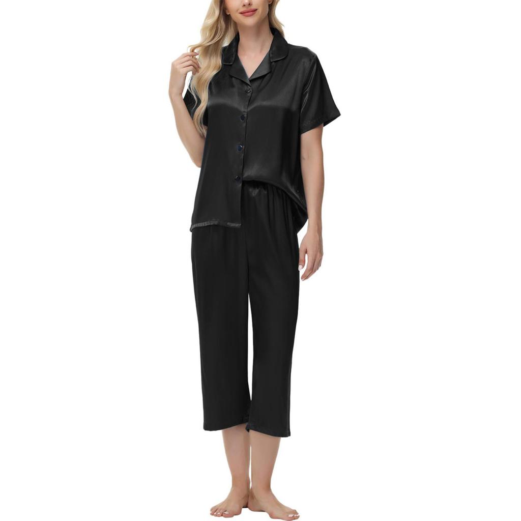 2 шт./комплект пижамы Ice Silk, рубашка с длинным рукавом и застежкой на пуговицы, эластичный пояс, широкие укороченные брюки, домашняя одежда, повседневный наряд, весенняя одежда для сна