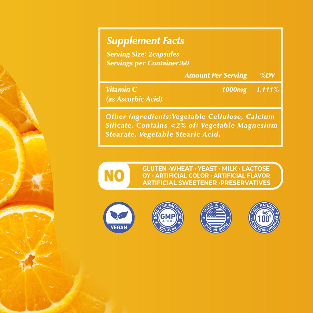 Vitamin C Capsules 1000mg 120 Count — Immune Support, Antioxidant Support, Daily Wellness