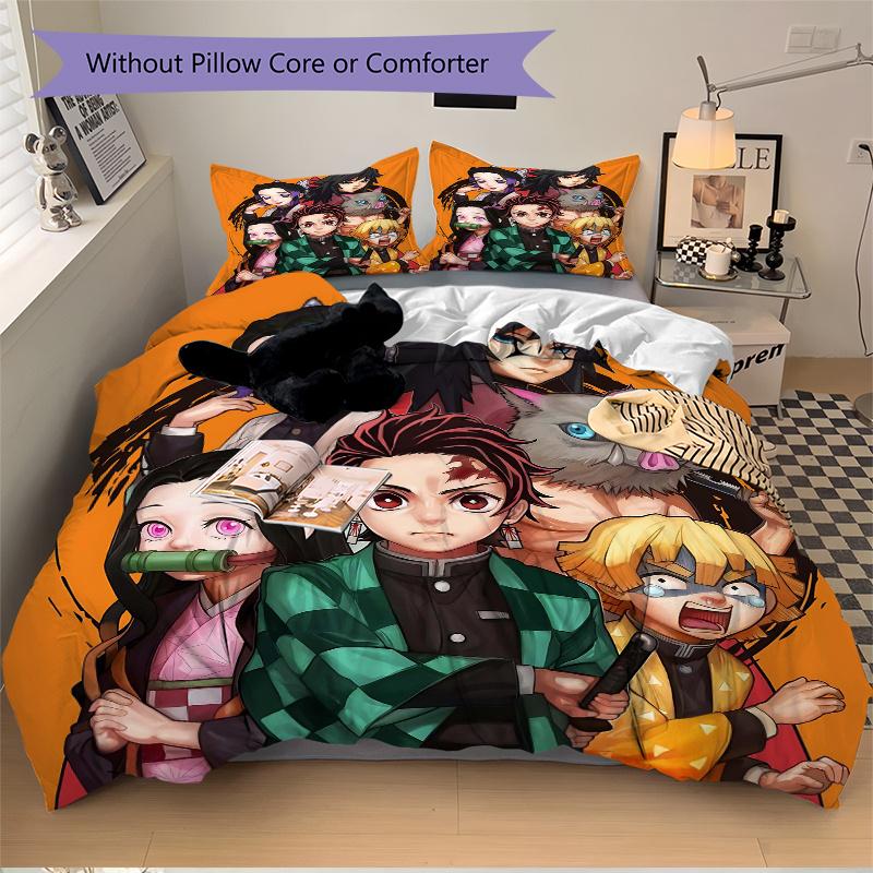 3pcs Demon Slayer Printed Quilt Set - Includes 1 Quilt Cover and 2 Pillowcases, Machine Washable - Suitable for All Seasons.L035
