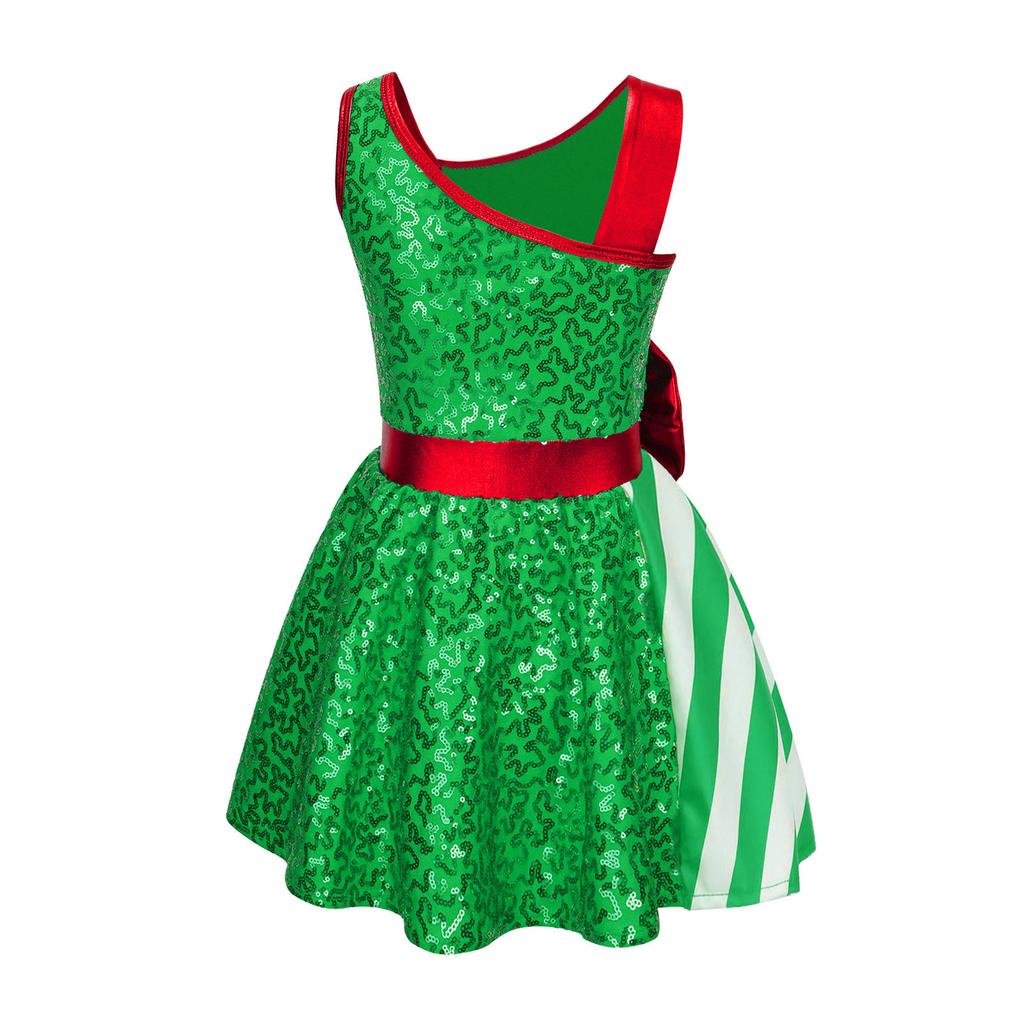 Kids Girls Sequins Christmas Dress Xmas New Year Dress Big Bow Stripe Stage Performance Santa Clause Party Dancewear