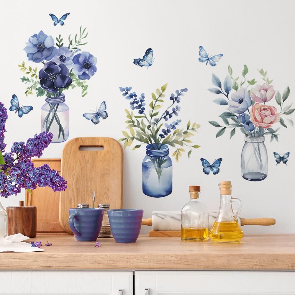 Романтичные фиолетовые цветы зеленая ваза для растений бабочка спальня гостиная украшение дома настенные наклейки