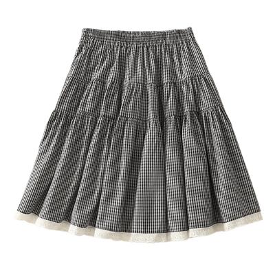Реальное фото летняя новинка корейская клетчатая кружевная вставка эластичная талия короткая юбка женская высокая талия тонкая юбка-торт