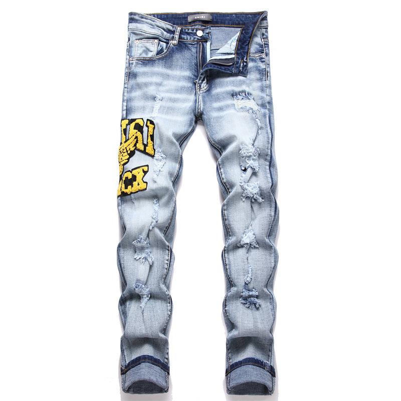 Men's Washed Blue Embroidered Patch Straight Jeans