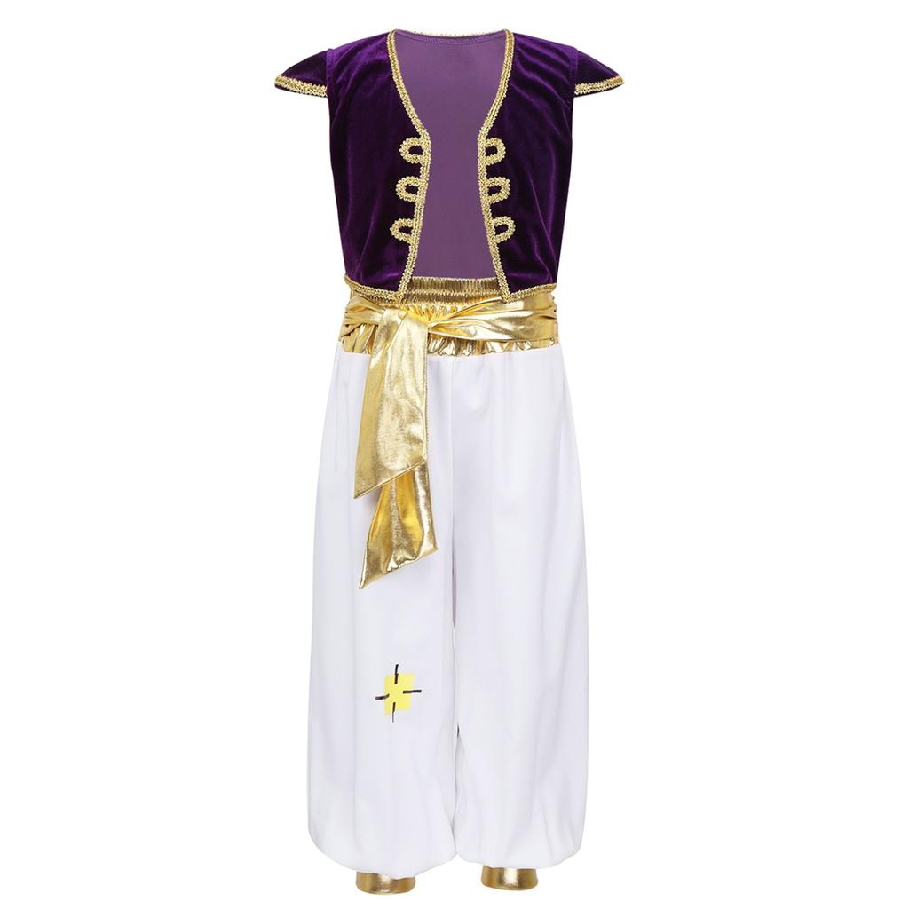 Kids Boys Arabian Prince Costumes Cap Sleeves Vest Waistcoat with Pants Set for Halloween Carnival Cosplay Theme Party