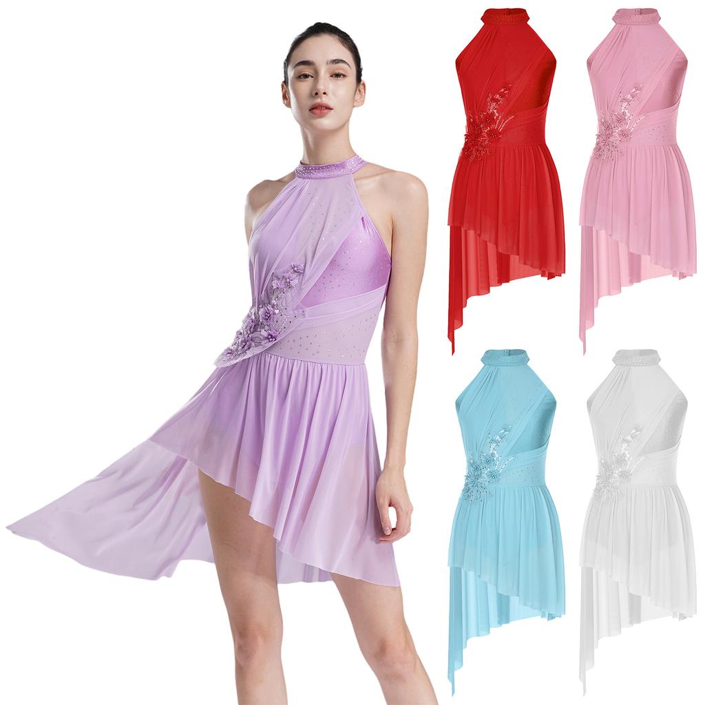 Women Applique Lyrical Contemporary Dancewear High-Low Mesh Splice Skirted Fancy Skating Costume Ballet Dresses Dancing Party