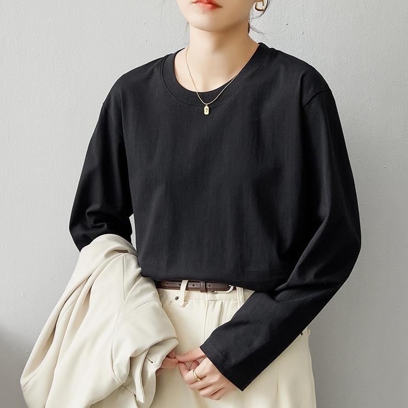 Хлопковая футболка с длинным рукавом, женская, свободного кроя, с круглым вырезом, универсальный топ
