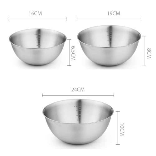 TXCAOT 3-Piece Deep Stainless Steel Bowl Set (18-8 Stainless Steel) - Includes Salad Bowl, Cake Bowl, and Measuring Plate (16cm, 19cm, 24cm)