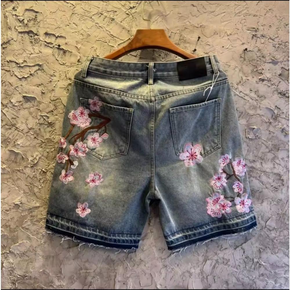 ZYLLO Готические Мужские Женские Джинсовые Шорты с Вышивкой Сакуры Y2K Джинсы Харадзюку Хип-Хоп Ретро Мешковатые Шорты Модные Повседневные Брюки