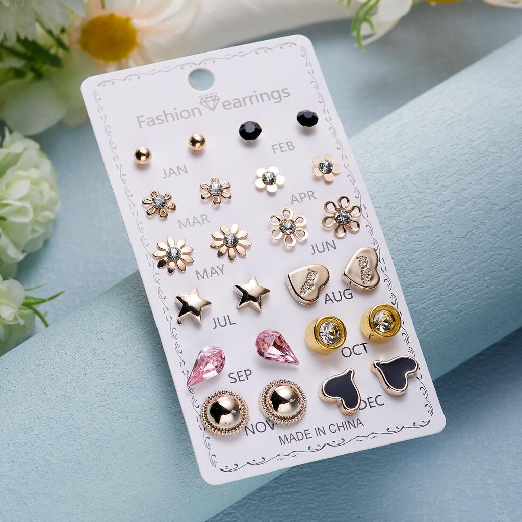 12 Pairs Earrings Set Stud Crystal Pearl Butterfly Flower Heart Women Jewelry