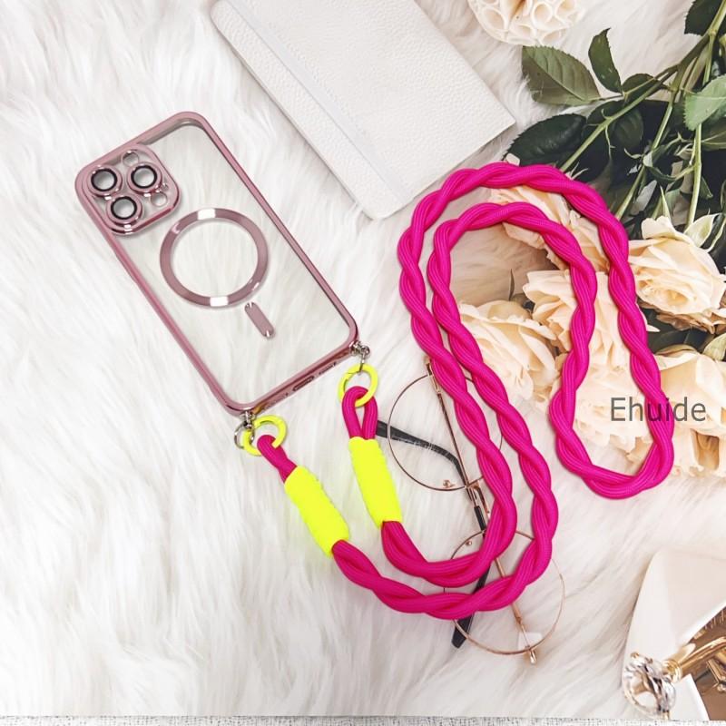 Magnetic Case For Samsung Galaxy S25 Ultra S21 S22 S23 Plus S20 S24 FE Magsafe Transparent Plating Strap Crossbody Lanyard Cover