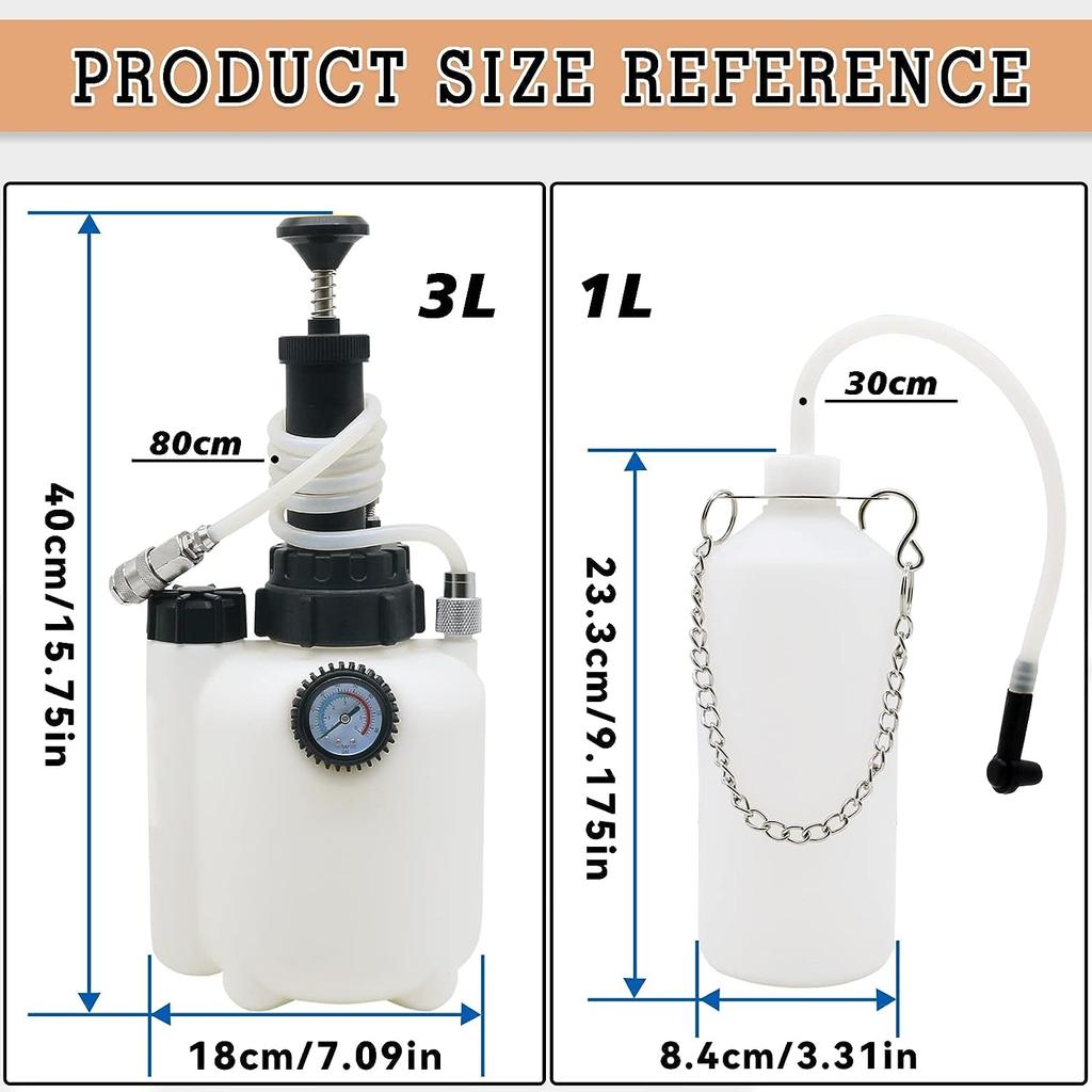 3L Liquid Brake Bleed Kit with 1L Refill Bottle & Cylinder Adapter, Vacuum Pump Bleed Pressure 10-30 PSI for Car Clutch Pneumatic A B S Systems