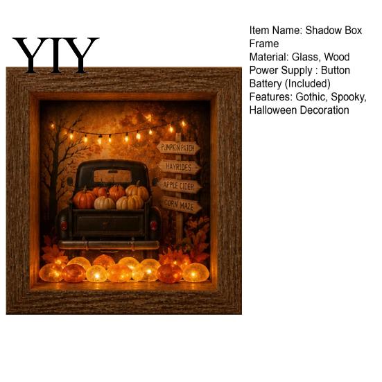 Wood Glass Picture Frame Halloween Shadow Box DIY Lighted Craft Kit, Wooden Night Light with Decorative Display Sea Stones, Gothic LED Memory Case for