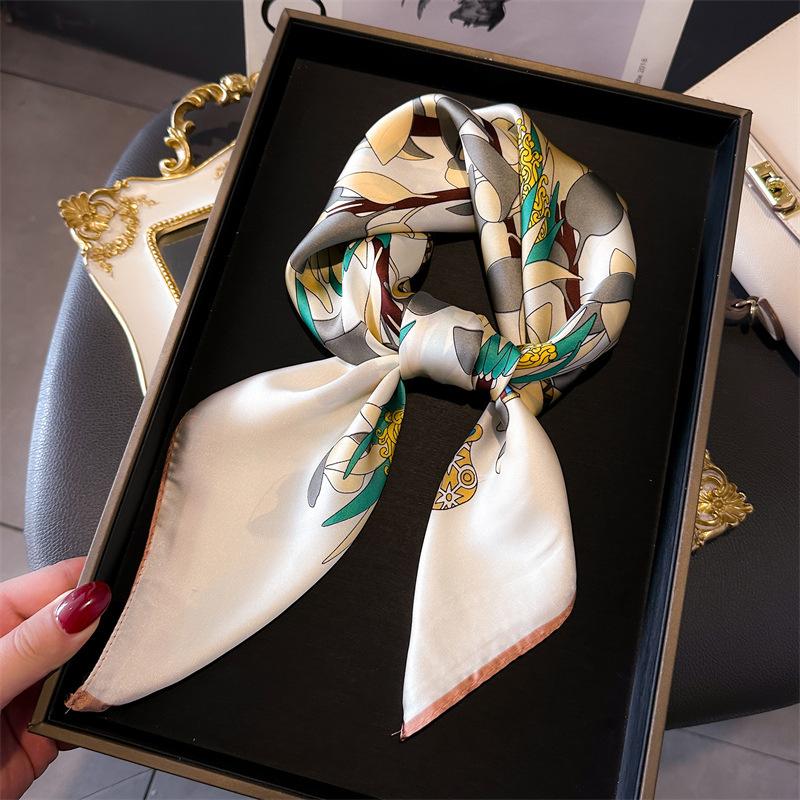 Summer Flower Simple Simulation Silk Printing Scarf 70Cm Square Scarf High Sense Versatile Professional Scarf Silk Scarf