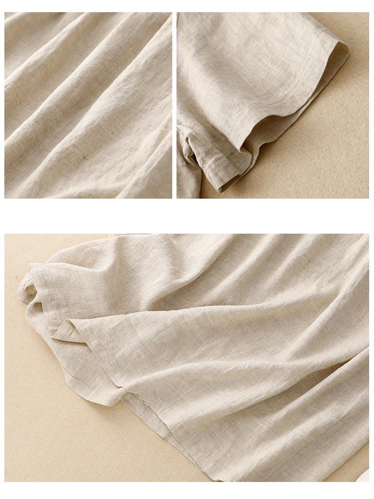 2025 Summer Literary Loose Cotton Linen Dress - Women's Solid Color, Round Neck, Short Sleeve, Mid-Length