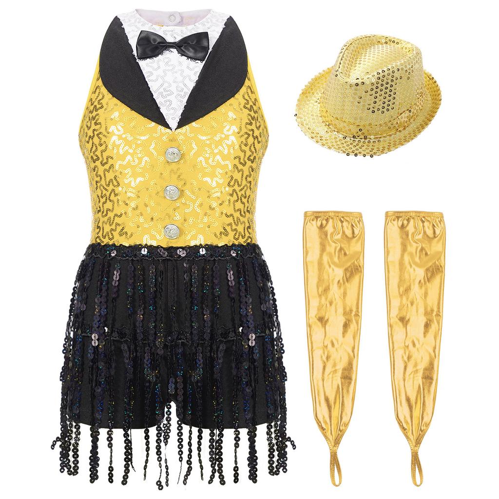 Латинский джазовый танцевальный купальник для девочек, без рукавов, с вырезом-замочной скважиной на спине, с пайетками, кисточками, металлическими перчатками и шапочкой