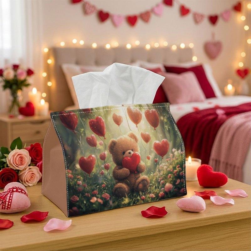 Two Sizes Available, 1pc Cute Artistic Tissue Box | Teddy Heart Print, Durable Polyester Fabric for Home, Office, Car, Party - Valentine'S Day Decorat