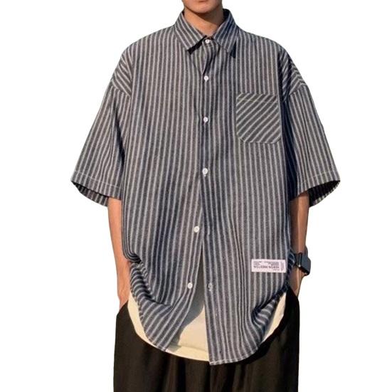 Летняя мужская рубашка с застежкой на пуговицы и воротником-лацканами в полоску, кардиган с короткими рукавами, свободный кардиган средней длины, повседневная одежда для офиса и бизнеса, топ