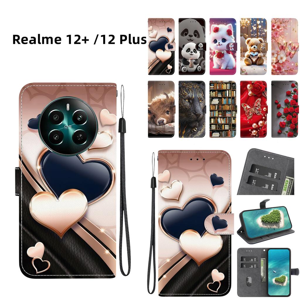 Чехол-книжка из искусственной кожи ручной работы для Realme 12+ / Realme 12 Plus, противоскользящий, противоударный чехол с ремешком на запястье и рисунками кошек с сердечками/розами