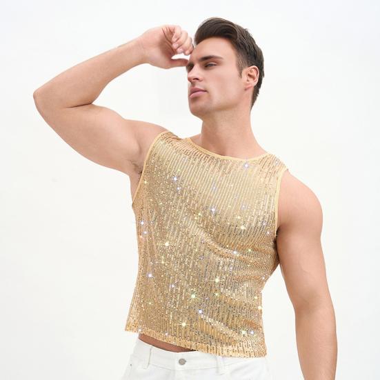 Мужской блестящий жилет со стразами, прозрачная сексуальная майка с круглым вырезом без рукавов для музыкального фестиваля, рейва, ночного клуба, бара, вечеринки