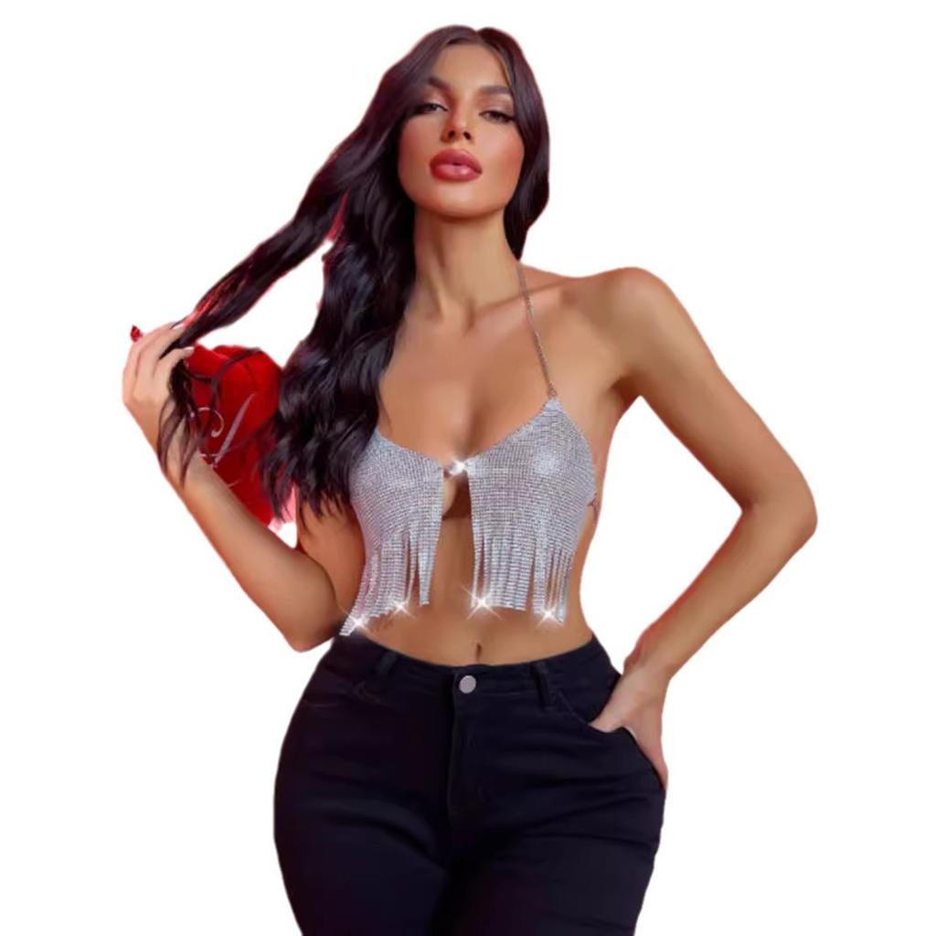 Мода 2025 года, женский ночной клуб, разрез на спине, металлический лист, стразы, цепочка, слинг, трубчатый топ 21