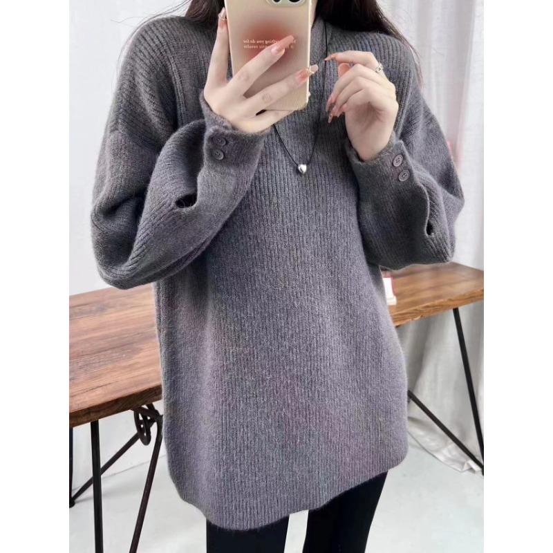 Свободный трикотажный пуловер с утолщенными манжетами в стиле ленивого ветра для женской осени и зимы, средней и длинной длины, для женщин