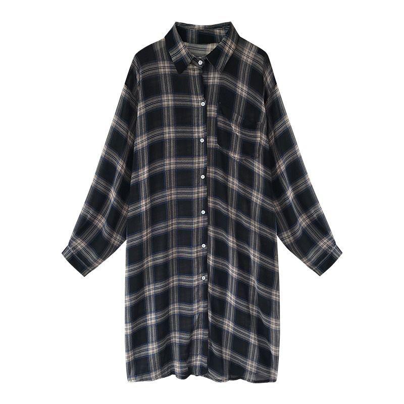 Summer Coat Loose Top Plus Plaid Mid Length Long Sleeved Cardigan Thin Cut Sun Protection Shirt Shirt