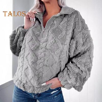 Зимняя женская толстовка с отложным воротником на молнии с ромбовидной текстурой, плюшевая толстая с длинными рукавами, однотонная, сохраняющая тепло, осенний топ