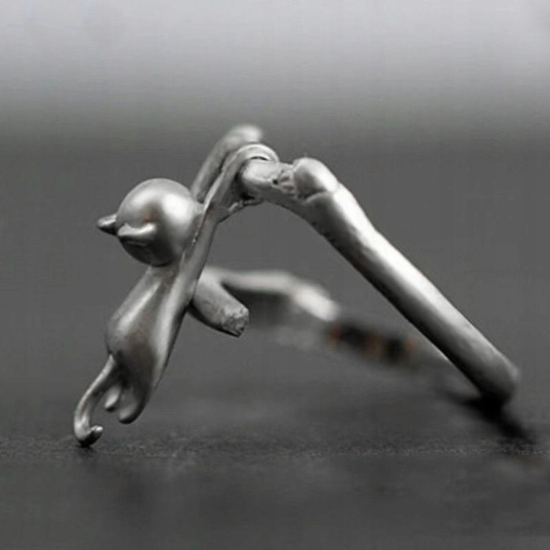 Silver Women's Adjustable Ring Universal Gift Falling Cat