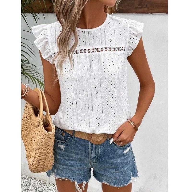 2026 Women's Summer New Round Neck Lace Solid Color Ruffle Short Sleeve Top