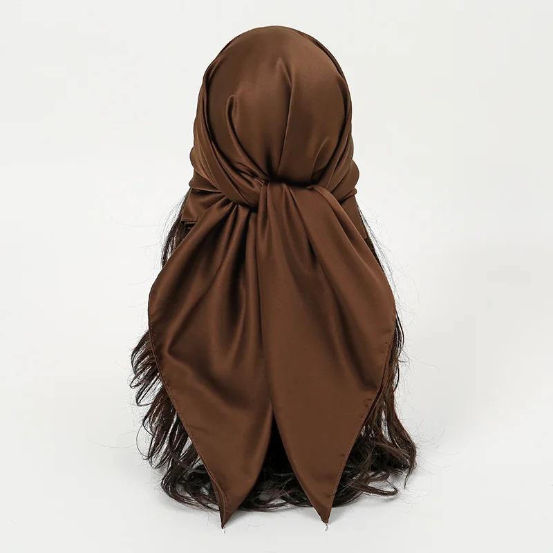 Plain Silk 90 Square Scarf Satin Headband For Muslim Woman Hijabs Wraps Fashion Hair Scarf Casual Islam Turban Female Bandbana