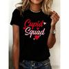 Европейский размер Женская забавная футболка с принтом 'Valentine Squad' - Черная футболка плотностью 180 г/м² с принтом 'Cupid Squad' и сердцем Дерзкая надпись 'Cupidid Squad