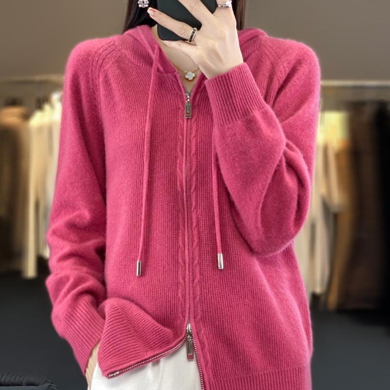 Кардиган с капюшоном на двойной молнии для женщин в осенне-зимней моде. Универсальная теплая вязаная куртка. Универсальная толстовка с длинным рукавом.