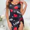Women's Printed Heart-Shaped Close Nightgown with Sexy Lace Decoration and Milk Silk Women's Suspender V-Neck Sexy Nightgown