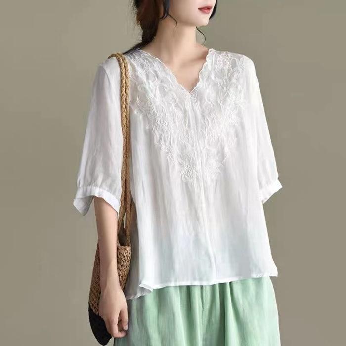 Spring and Summer Large Size Loose Temperament Casual and Artistic Retro Cotton Linen V-neck Mid-sleeved Embroidered Top
