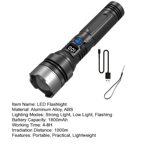 LED Flashlight Digital Display Ultra-Wide Beam Super Bright IPX7 Waterproof Rechargeable Tactical Flashlight LED Torch
