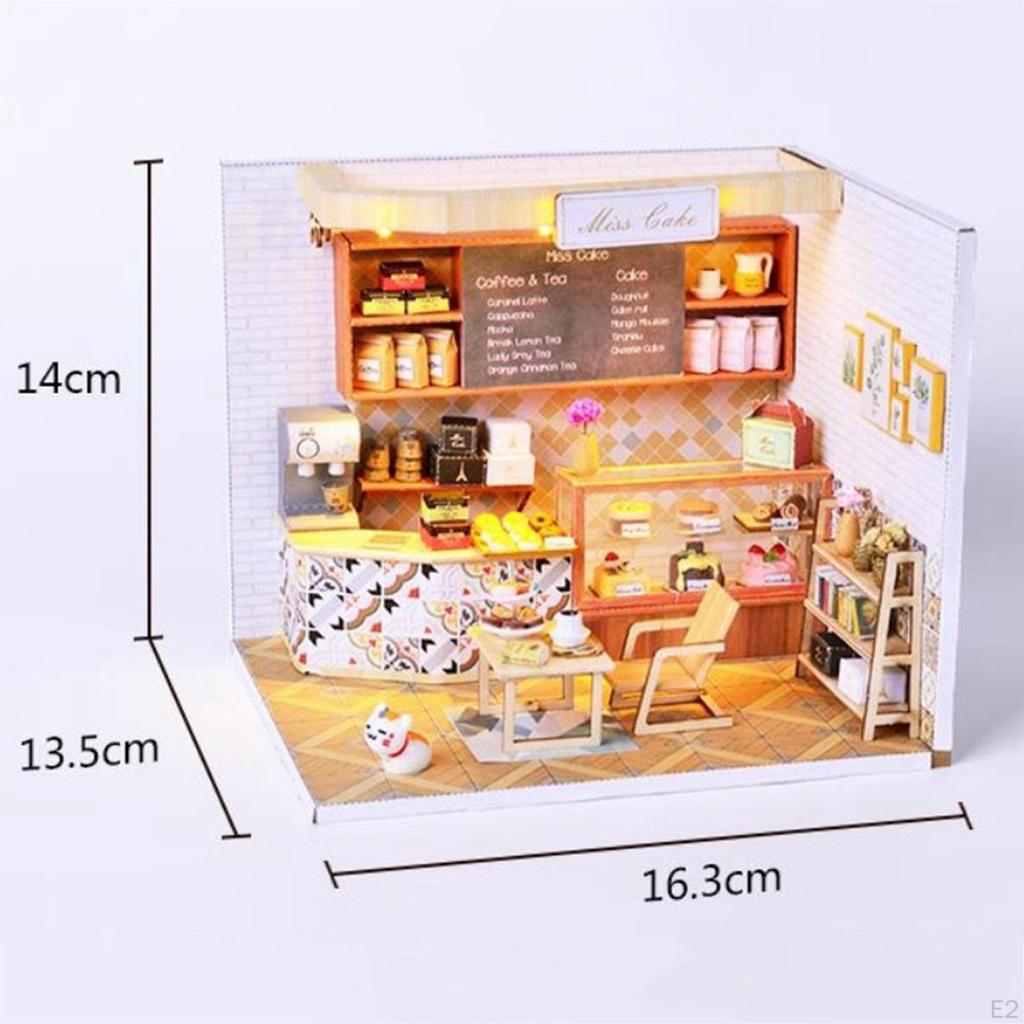 DIY 3D Dollhouse Wooden Miniature Furniture Kit Mini Coffee House with LED Lights Building Kits